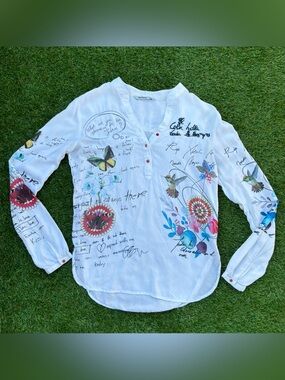 Desigual White Graphic Print Boho Blouse XS Hummingbird Butterfly